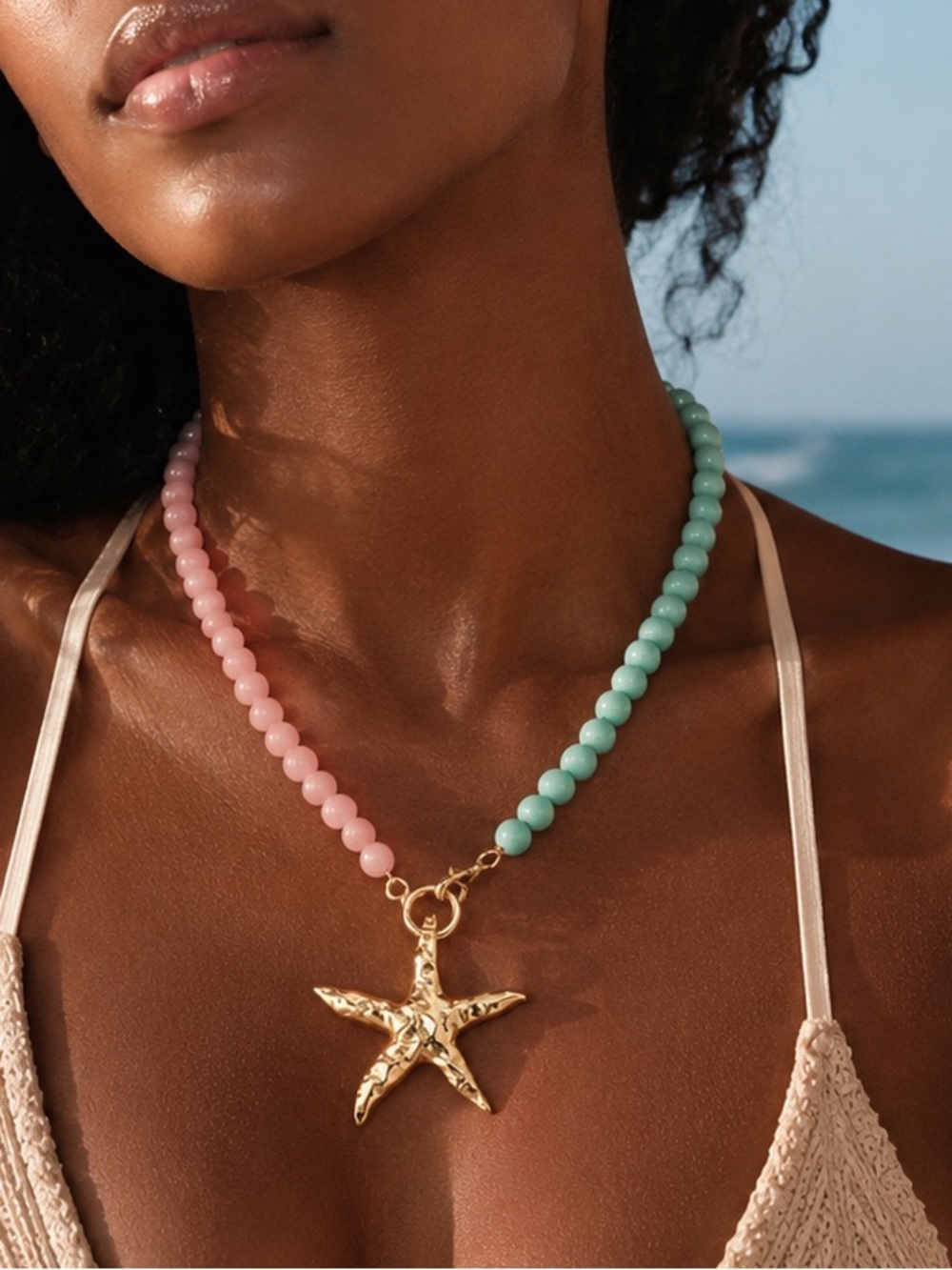 Pink & Aqua Beaded Starfish Beach Necklace - Women Jewelry